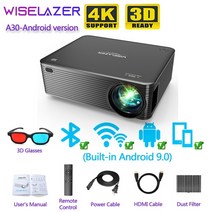 홈 영화관 빔프로젝터 미니 스마트 스크린 고화질 가정용 휴대용 wiselazer a30 휴대용 led 프로젝터 네이티브 19201080p 해상도 풀 HD 비디오 프로젝터 지원, a30 안드로이드 버전, 영국 플러그