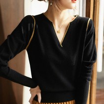 고급 금사포인트 여성 브이넥 울혼방 니트 티 블랙
