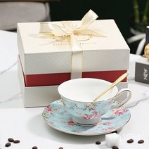 TANC 예쁜 꽃 오렌지 유약골 도자기 커피잔 오후 다기 세트, 선물 포장 × 푸른 × 1인조 세트