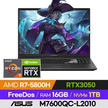 ASUS 비보북 프로 16X OLED M7600QC-L2010 고사양 배그 롤 오버워치 로아 서든 16인치 게이밍 노트북 (R7-5800H/RTX3050), 윈도우 미포함, 16GB, 1TB, 라이젠7, 제로 블랙