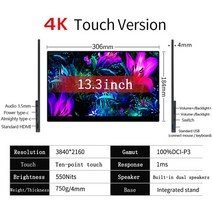 포터블 서브 터치 휴대용 모니터 13.3 인치 4k oled 스크린 38402160 모바일 pc 노트북 게임 용 type-c hdmi 호환 가능, 13.3 OLED 4K 터치, 미국 플러그