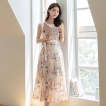 시크라인 수채 패턴 슬리브리스 플레어 원피스