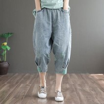 여성용 데미지 데님팬츠 허리밴딩 7부 청바지 캐주얼 바지 여름신상 SFW0324016