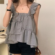 코지일이삼 코지 여자 시어서커 잔채크 언발프릴 민소매 블라우스 (8847168)