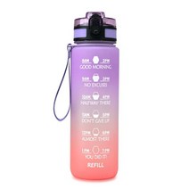 동기 부여 시간 마커 앰프가있는 1l 32oz 물병 밀짚 bpa 무료 무독성 누출 방지 체육관 야외 스포츠 음주, 보라색-주황색