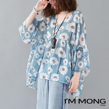 아이엠몽 여성 봄 여름 하늘하늘 예쁜 블라우스 플로랄 꽃무늬패턴 셔링 브이넥 사랑스러운 빅사이즈 루즈핏옷(BB1251HB)