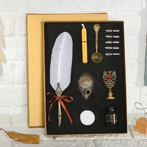 One Leaf Ark 유럽풍 아트 앤티크 골드 만년필 깃털펜 세트, 골드도트화이트