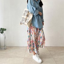 네모엔룩 여성용 꽃링클나염 밴딩 플라워 패턴 플리츠 롱 스커트