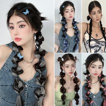 유니크 투톤 땋은머리가발 고열사 포니테일 헤어피스 양갈래 브릿지포인트 6종 70cm, B타입 내추럴 블랙