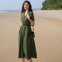 [하나비] 크레렌 여성 여름 브이넥 카라 쉬폰 무지 허리 밸트 플레어 원피스