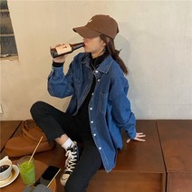 빈티지데님셔츠 여성 디자인감각 보이핏 볼륨 긴 소매 와이셔츠 코트 가을 클래식 오버핏 미디 롱 키치한 2628060047