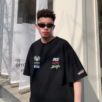 레이싱 박시 티셔츠 오토바이 루즈핏 힙합 팀복 반팔 남성 여름 아메리칸 레트로 헤비 코튼 트렌드 루즈 캐주얼 슈트 탑