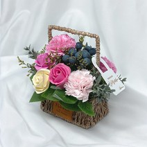 둥둥플라워 프리미엄 비누꽃바구니 조그만 꽃바구니 생일 부모님선물 어버이날 스승의날 결혼기념일 출산 개업 승진 집들이 축하 꽃선물 장미 카네이션, [조그만 바구니] 핑크믹스 기본형
