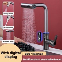 수전손잡이 LED 온도 디스플레이 욕실 싱크대 주방 대야 풀아웃 분무기 3 가지 스프레이 온수 냉수 믹서 탭, 1.Grey With Display