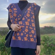 촌캉스 룩 조끼 옷 꽃 스웨터 여성 Y2k 미적 민 V 넥 빈티지 니트 풀오버 탑