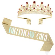 룰루마켓 다이애나 크리스탈 티아라 왕관+어깨띠 세트, 골드루비 걸