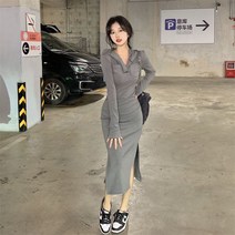 롱 니트 랩은 브이넥 니트 후드 스커트입니다
