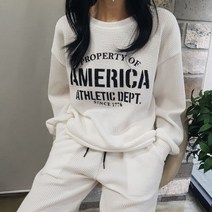 상상그이상 여성용 국내제작 아메리카 세트 와플소재 레터링 크랙 티셔츠 밴딩 일자 팬츠 간절기 트레이닝 세트