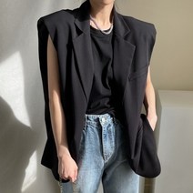 여성정장조끼 여자 오피스룩 코디편한 베스트 조끼 시크한 여름 크루넥 루즈한 반팔 투 버튼 풀오버