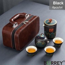 BORREY 세라믹 주전자 컵 세트 차 캐디 휴대용 야외 여행 다도 쿵푸 선물 상자 Teaware, [02] Black with bag