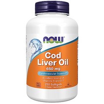 NOW Supplements Cod Liver Oil 650 mg Excellent Source of Vitamins A and D-3 250 Softgels null, 상세참조, 250 Count (Pack of 1), Unflavored