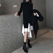 봄빛 가을 얇은 배색 플리츠 롱 언발 원피스 8732