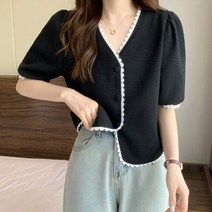 [레티고] 여성 브이넥 레이스 반팔 가디건