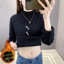 Momolatti 여성용 기모 슬림핏 소프트 반목 퍼 라운드 니트 티셔츠
