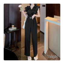 티피/Teepie 여자 여름 프릴 브이넥 와이드 점프슈트