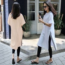 이노뱅크 면 소재 마닐라 옆트임 반팔 롱티 티셔츠