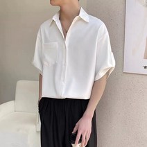 ins 캐주얼 빈티지 셔츠 Ins 잘 생긴 얼음 실크 7/4 소매 셔츠 남성 여름 가벼운 친숙한 스타일 반팔 인치 셔츠 남성 일치하는 9부 바지 정장