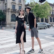 커플시밀러룩 커플 드레스 여름 반팔 셔츠 여성 점프 슈트 롱 스커트 블수납 커플룩 제주도여행
