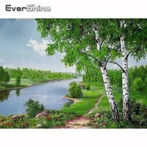 보석십자수 꽃 과일 큐빅 비즈Evershine 5D 다이아몬드 DIY 모자이크 풍경 페인팅 자작 나무 풀 세트 자수, 16 라운드  15X20