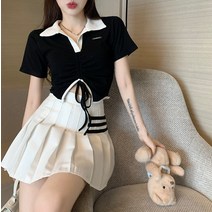 넥 언밸런스 스트링 날씬해 보이는 브이넥 반팔 티셔츠 상의 온갖 종류의 짧은 치마.