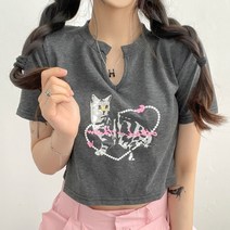 입꼬 빈티지 캣츠 스크래치 V넥 크롭 반팔티