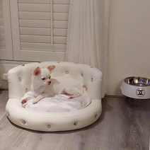 강아지 쇼파침대 화이트 가죽 소파 큐빅 보석 방수 화려한 북유럽, 고급 강아지 가죽 쇼파 하우스 화이트