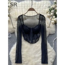 스퀘어넥블라우스 패치 워크 레이스 짧은 셔츠 여성 투명 메쉬 스퀘어넥 긴 소매 패션 블라우스