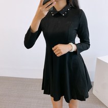업쓰 여성 진주 하객룩 카라넥 슬림 정장 긴팔 미니 원피스