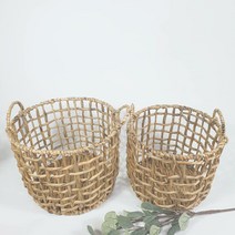 라탄 원형 빨래바구니 해초수납바스켓 라탄 메쉬 빨래바구니, 브라운 L (34*28.5cm)