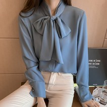 왕리본 화이트 쉬폰 블라우스 연예인 어깨 셔링 퍼프 리본 타이 블라우스