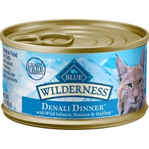 Blue Buffalo Wilderness Denali 저녁 식사와 야생 연어 사슴고기 넙치 그레인 프리 고양이 사료 통조림 3oz 24강아지입