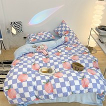 구미식 전원흑백 잔꽃 면 기모 4종 세트 A 면 면 쭈리 B 면 밀크 이불 커버 침대 시트, 바둑판 복숭아