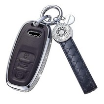 SHANGHONG 아우디 키 포브 커버 열쇠고리가 있는 천연 가죽 크리스탈 전체 보호 키 케이스 쉘 A6L A6 A7 A8 Q7 Q8 E-Tron 2018-2022 A3 S3, Model 3(black)