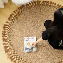 롤카페트 북유럽 심플 핸드 매듭 태슬 라운드 주트 카펫 혼방 우븐 러그 거실 티 테이블 서재 침실 사이잘