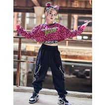 스우파 재즈댄스 걸스힙합 내가 새로운 재즈 댄스 의상 키즈 여자 핑크 레오파드 탑 롱 슬리브 캐주얼