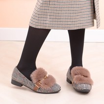 여성 겨울 체크 폼폼이 털 플랫슈즈 zn247