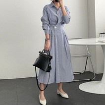 [실버캣] 여성 빅사이즈 세로 스트라이프 날씬해보이는 허리 버튼 블라우스 원피스