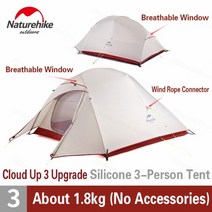 Naturehike 업그레이드 클라우드 업 3 캠핑 텐트 3 인 휴대용 야외 여행 초경량 하이킹 텐트 20d210t 방수 통기성, UP3 20D- 그레이, 협력사