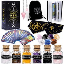 YixangDD 가이드 북이 타로 카드 18장 78장 덱 1개 미니 크리스탈 병 6개 차크라 스톤 7개 스피릿 Penn 펜듈럼 천 지구의 여신 매트 벨벳 백 포함, 24 Packs Fortune Telling Toys