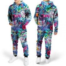 빅사이즈 화려한 블루 패턴 후드티 조거 트레이닝 복 세트 특이한 디자인 허벅돼 중국부자룩